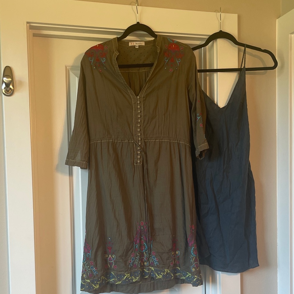 Johnny Was owned company Olive Green Embroidered Midi Dress with Dark Slip
